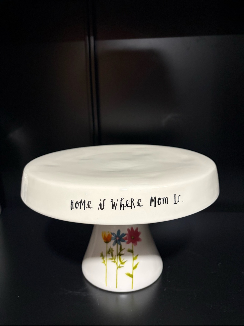 Rae Dunn White Cake Stand with Handwritten Text and Floral Base